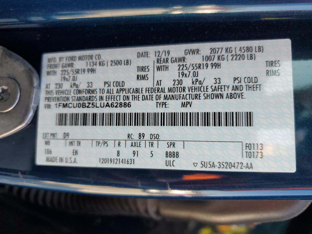 1FMCU0BZ5LUA62886 FORD ESCAPE 2020