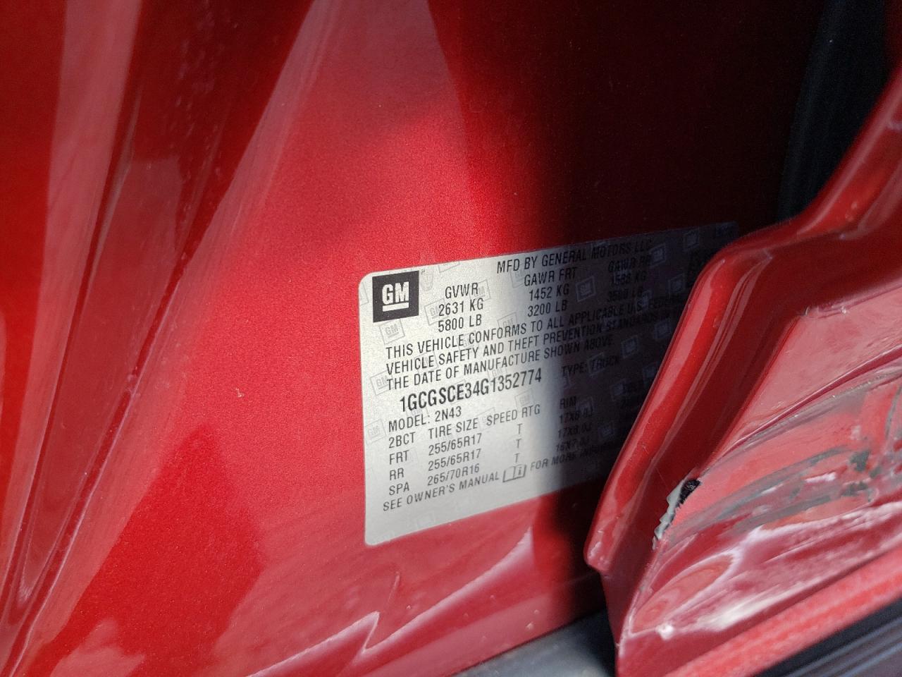 1GCGSCE34G1352774 CHEVROLET COLORADO 2016