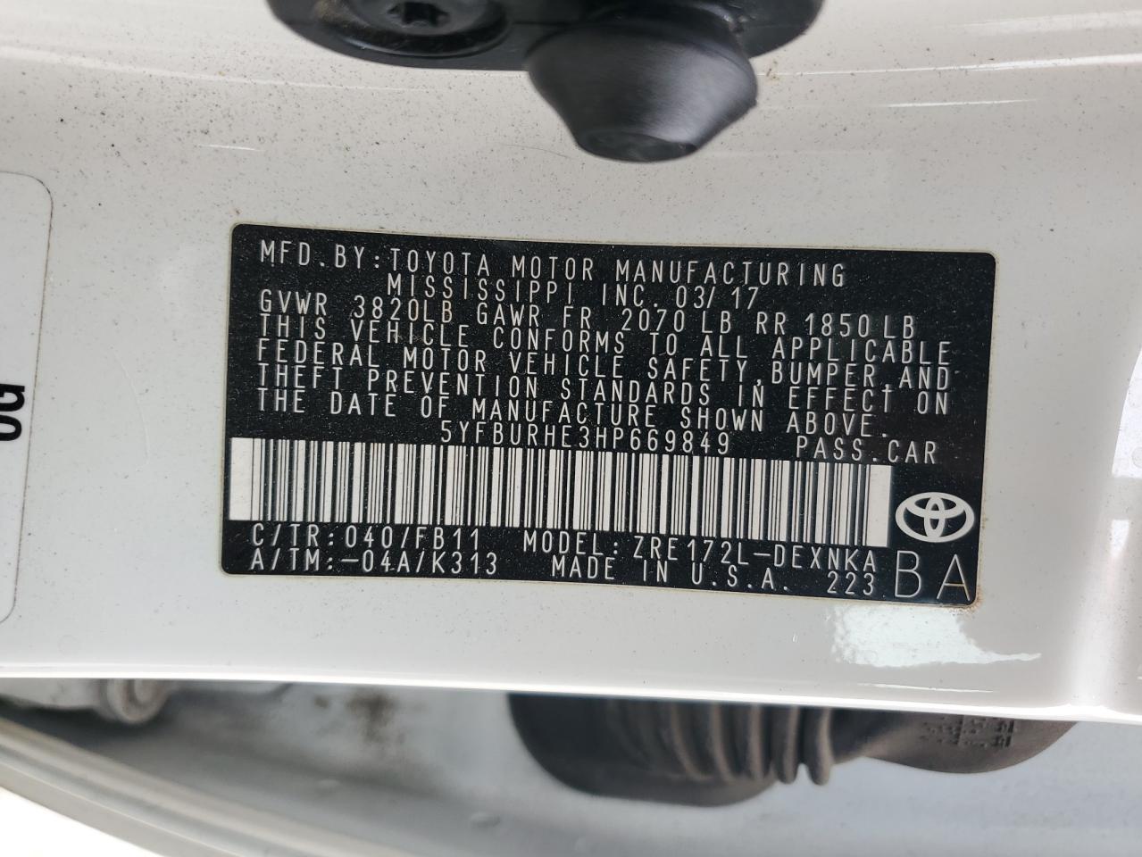 5YFBURHE3HP669849 TOYOTA COROLLA 2017