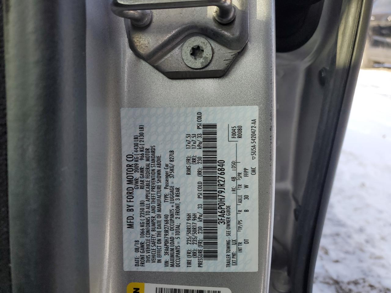3FA6P0H79JR276840 FORD FUSION 2018