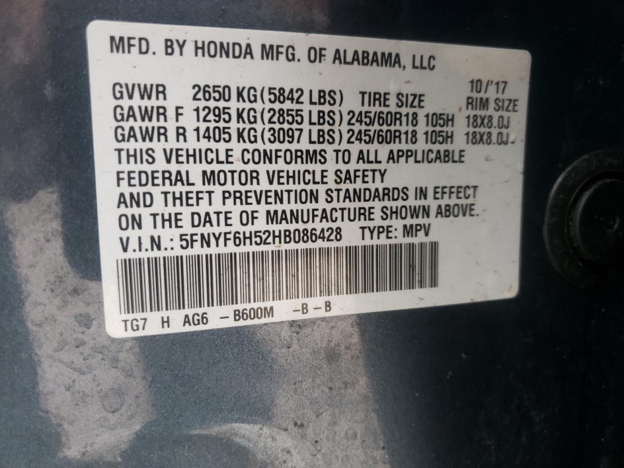 5FNYF6H52HB086428 HONDA PILOT 2017
