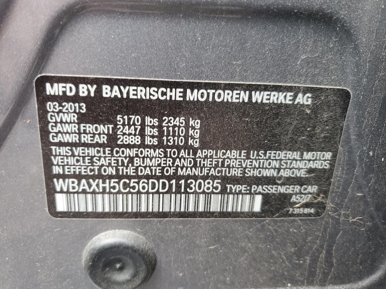 2013 BMW 528 Xi VIN: WBAXH5C56DD113085 Lot: 46174635