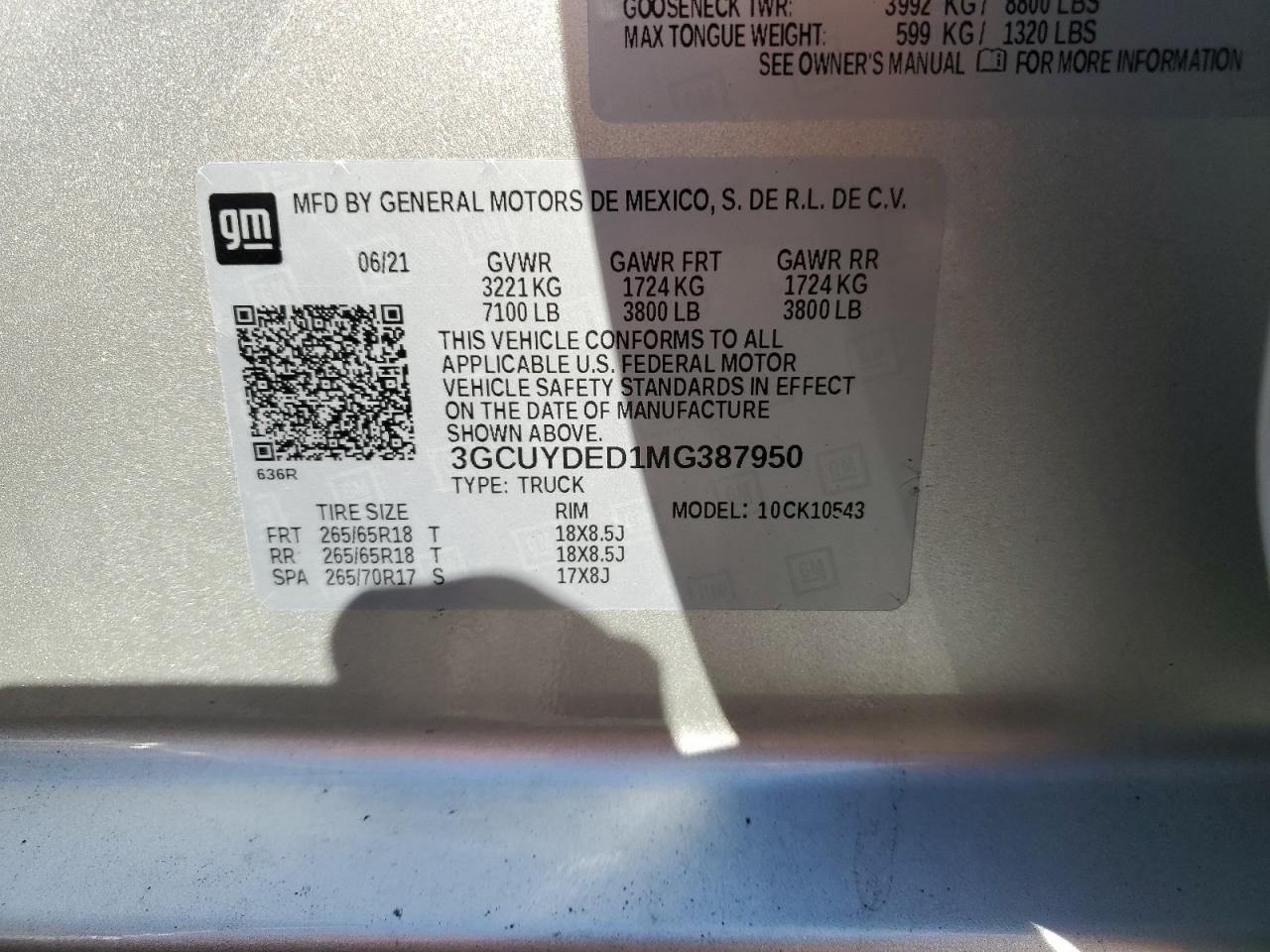 3GCUYDED1MG387950 CHEVROLET ALL Models 2021