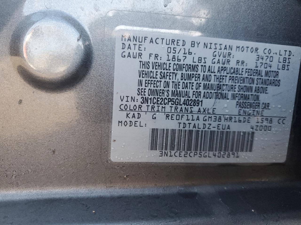 3N1CE2CP5GL402891 NISSAN VERSA 2016