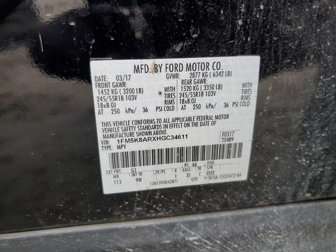 1FM5K8ARXHGC34611 FORD EXPLORER 2017