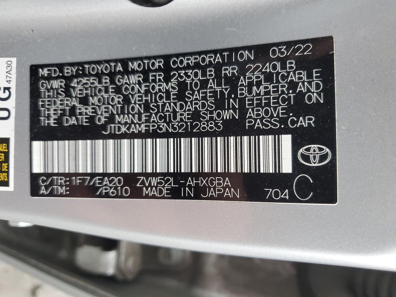 JTDKAMFP3N3212883 TOYOTA PRIUS 2022