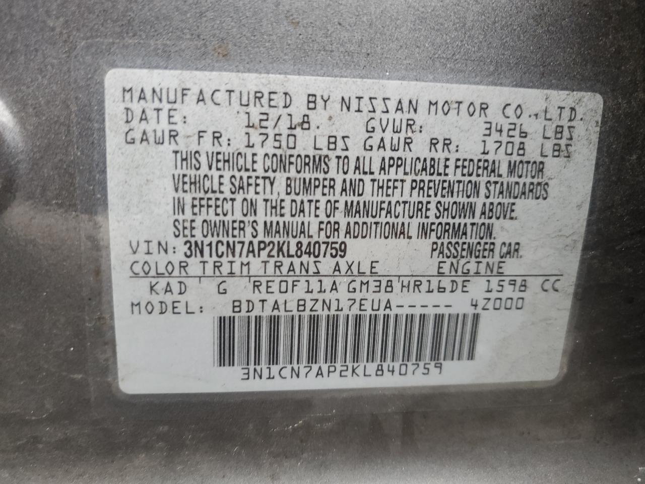 3N1CN7AP2KL840759 NISSAN VERSA 2019