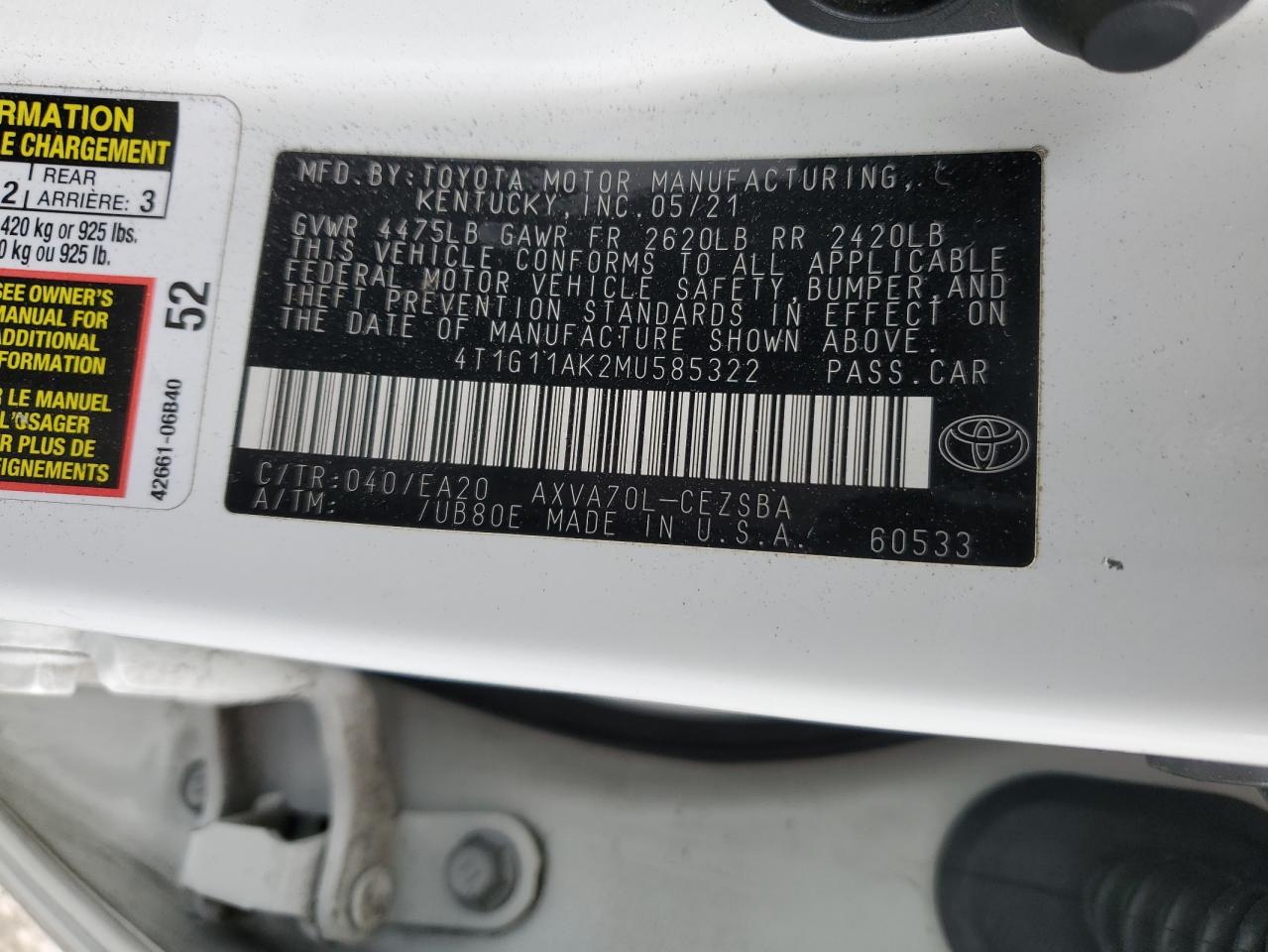 4T1G11AK2MU585322 TOYOTA CAMRY 2021