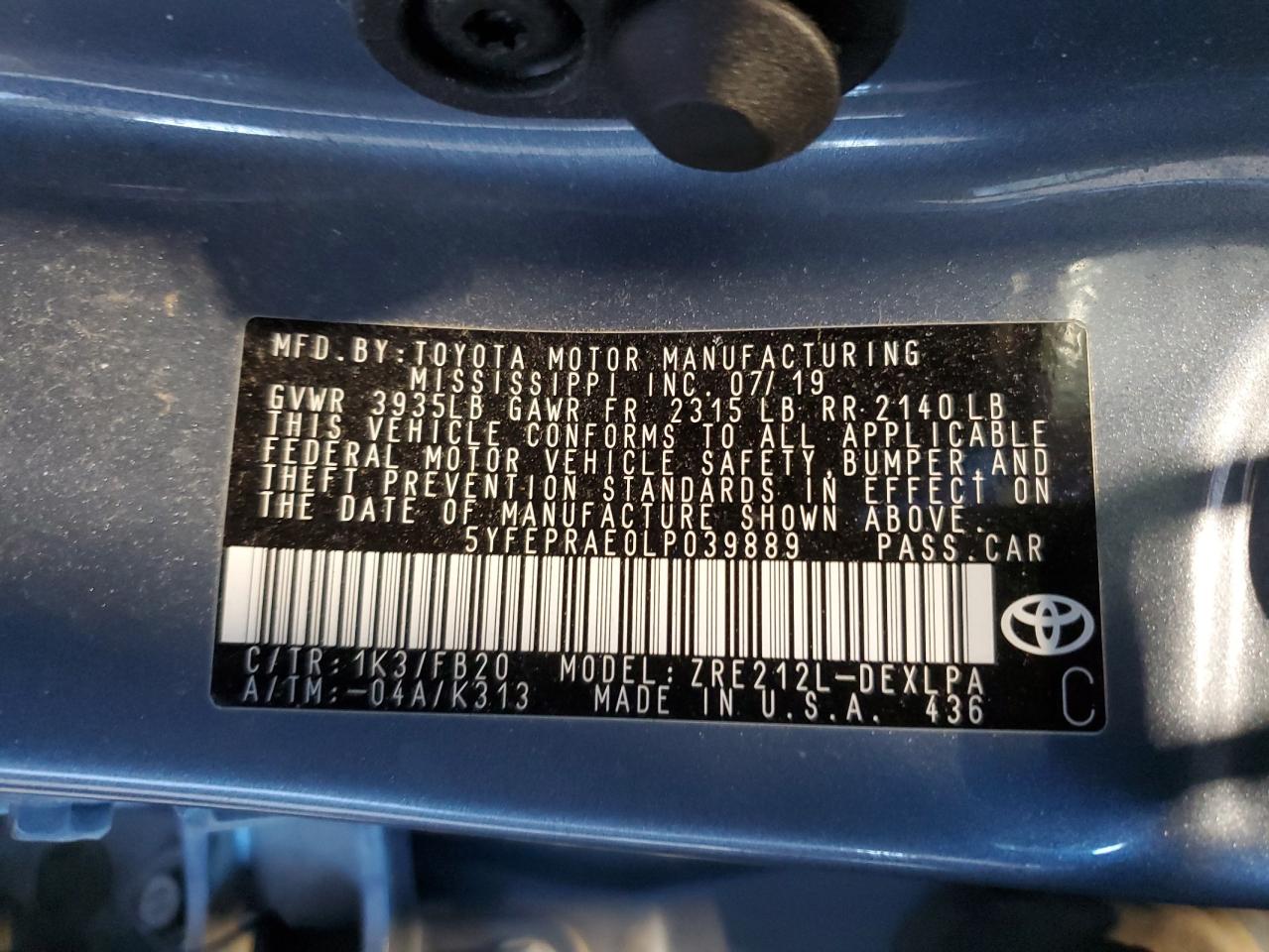 5YFEPRAE0LP039889 TOYOTA COROLLA 2020