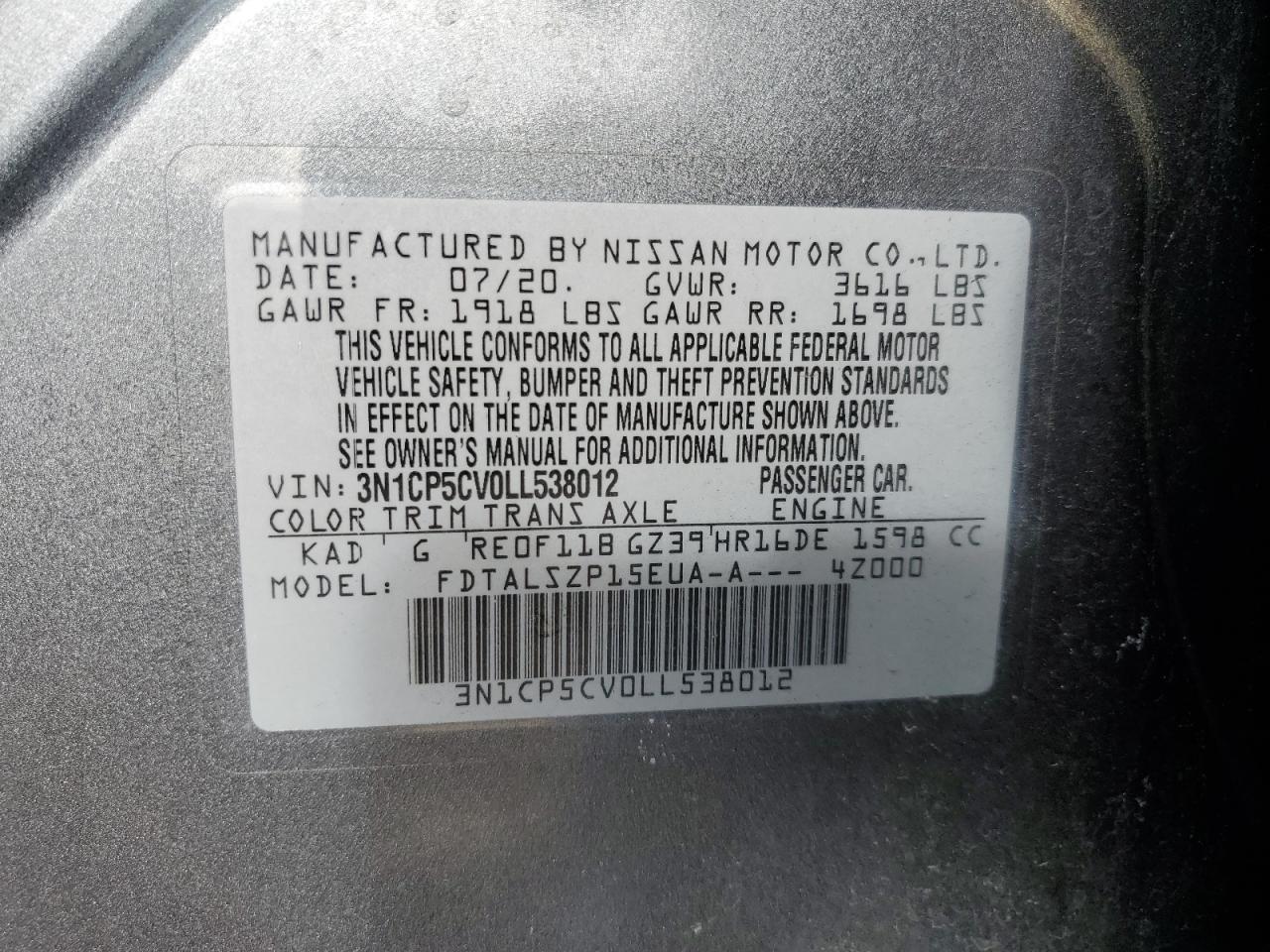 3N1CP5CV0LL538012 NISSAN KICKS 2020