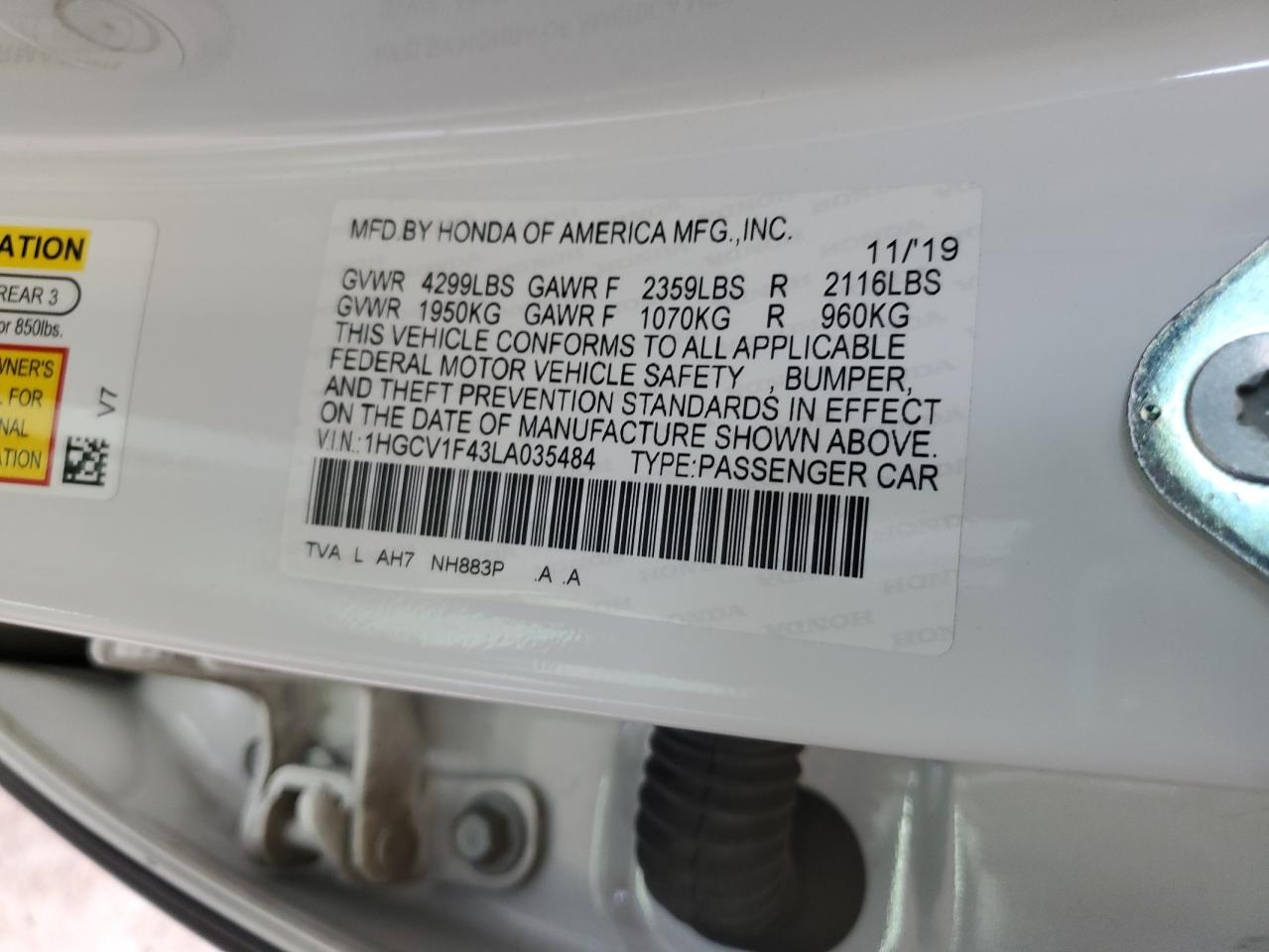 1HGCV1F43LA035484 HONDA ACCORD 2020
