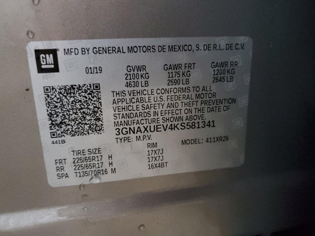 3GNAXUEV4KS581341 CHEVROLET EQUINOX 2019