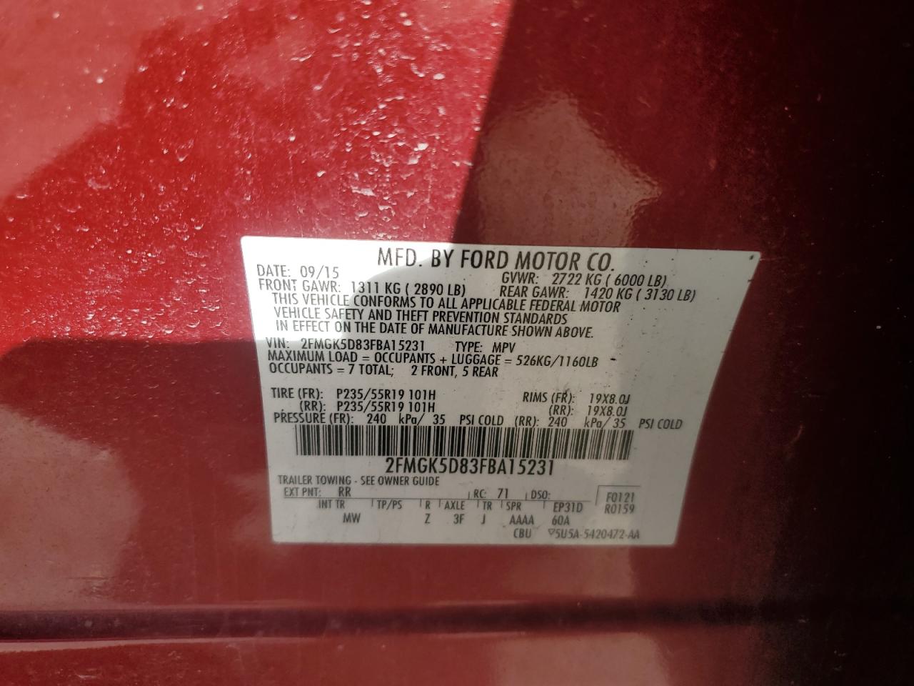 2015 Ford Flex Limited VIN: 2FMGK5D83FBA15231 Lot: 47258095