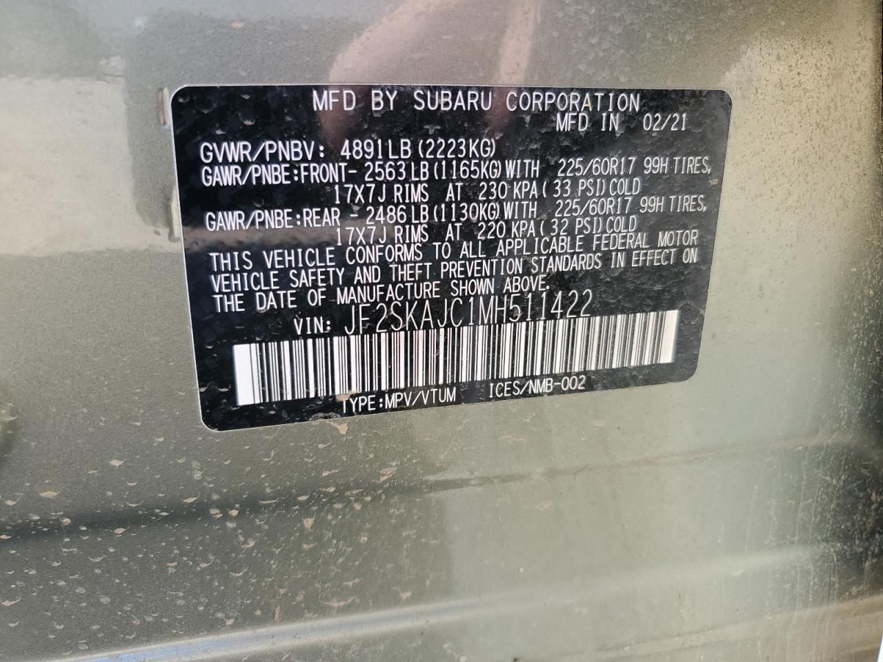 2021 Subaru Forester Premium VIN: JF2SKAJC1MH511422 Lot: 47395115