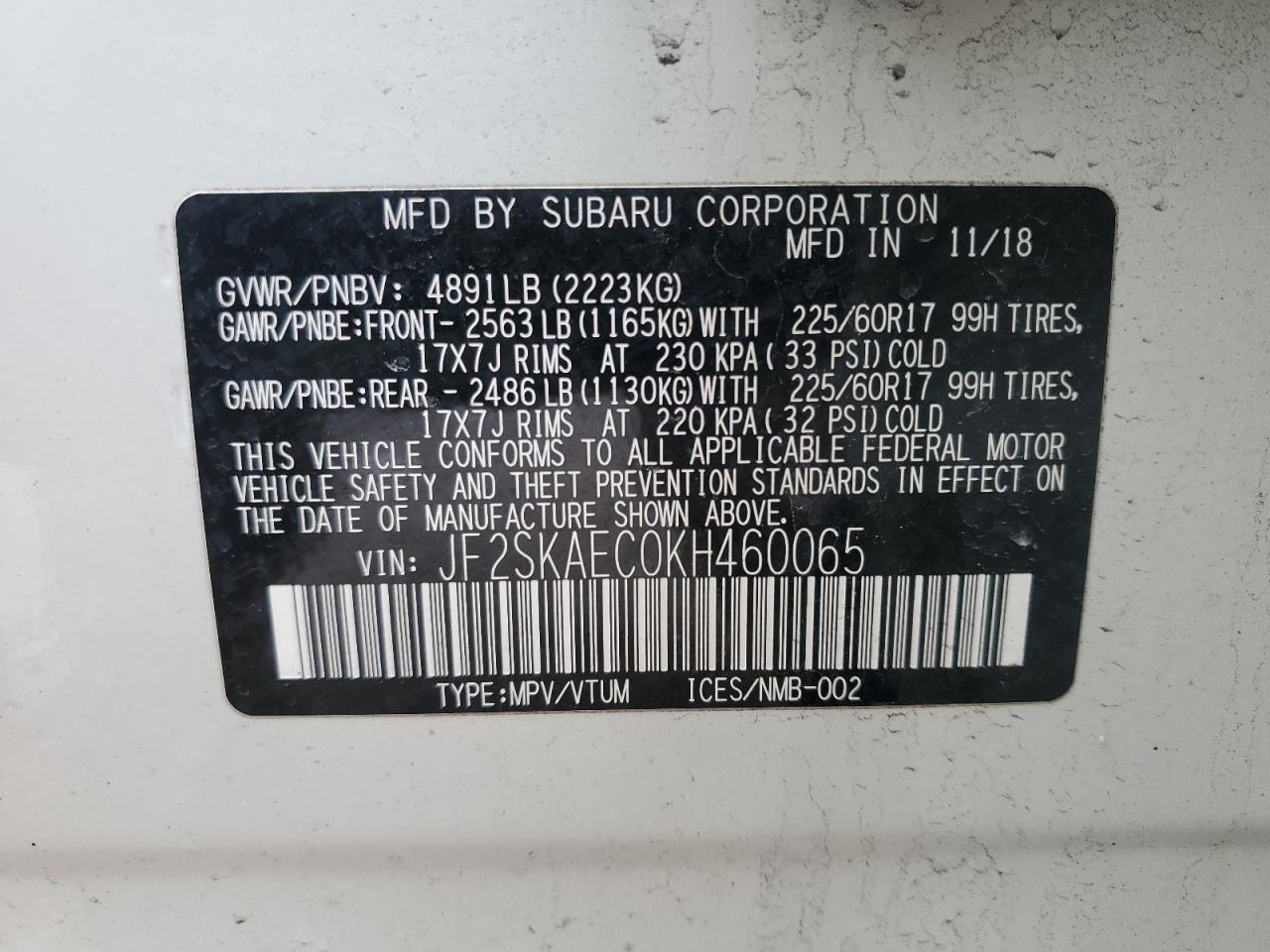 2019 Subaru Forester Premium VIN: JF2SKAEC0KH460065 Lot: 45756065