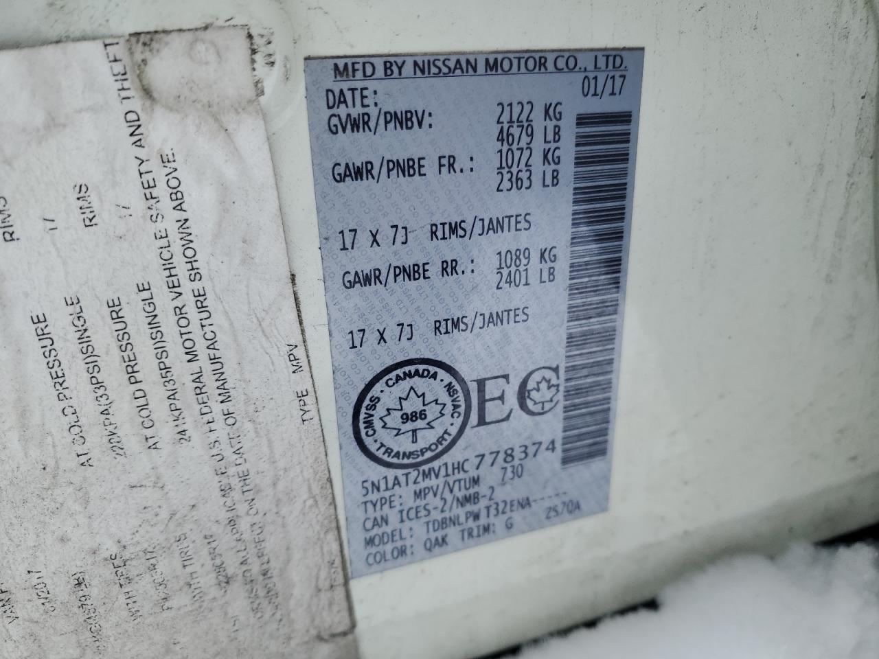 5N1AT2MV1HC778374 NISSAN ROGUE 2017