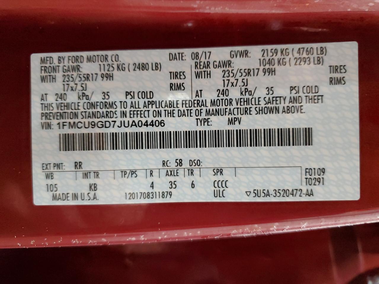 1FMCU9GD7JUA04406 FORD ESCAPE 2018