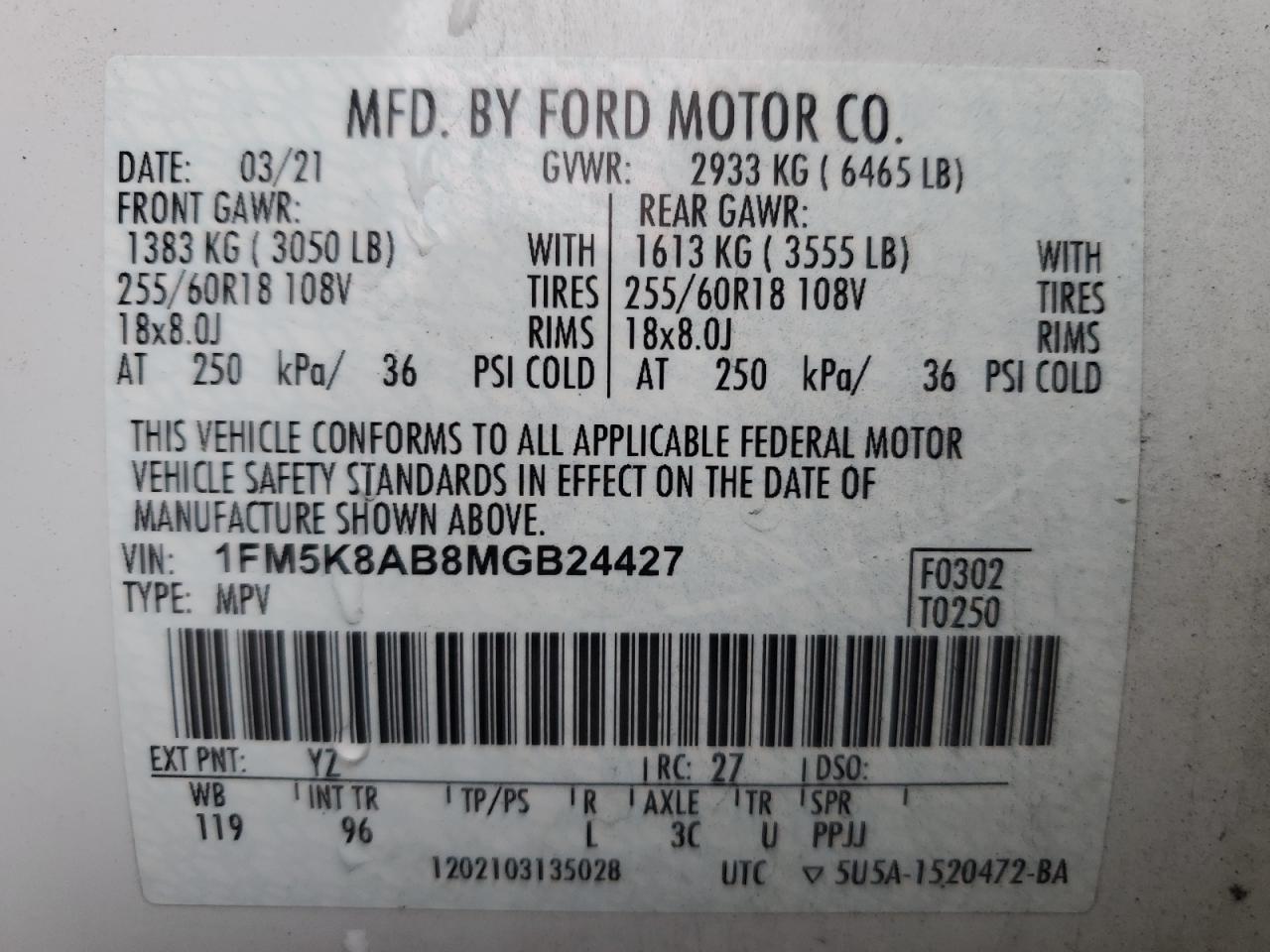 1FM5K8AB8MGB24427 FORD EXPLORER 2021