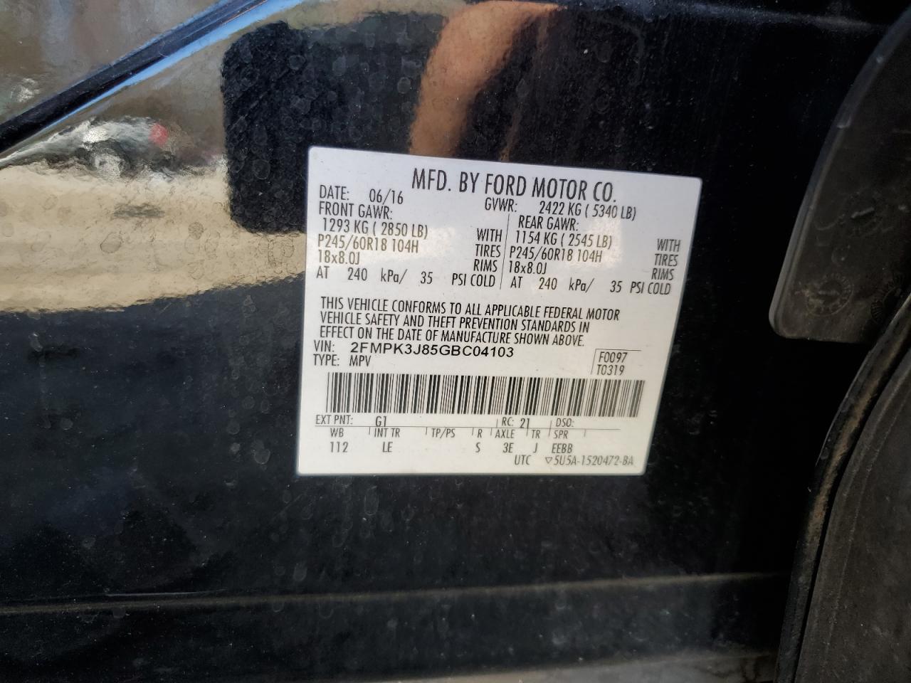 2FMPK3J85GBC04103 FORD EDGE 2016