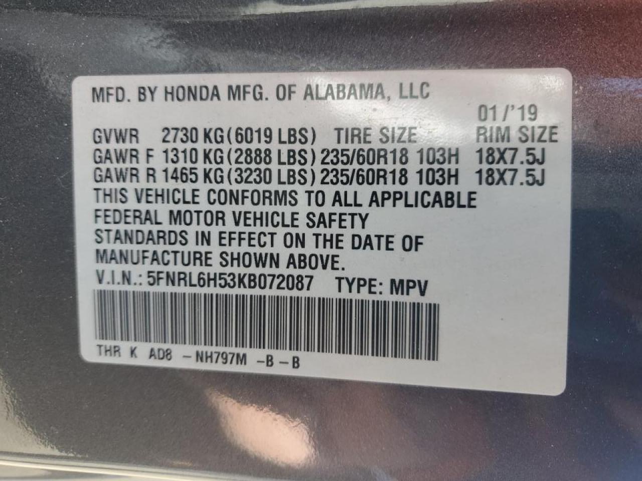 5FNRL6H53KB072087 HONDA All Models 2019