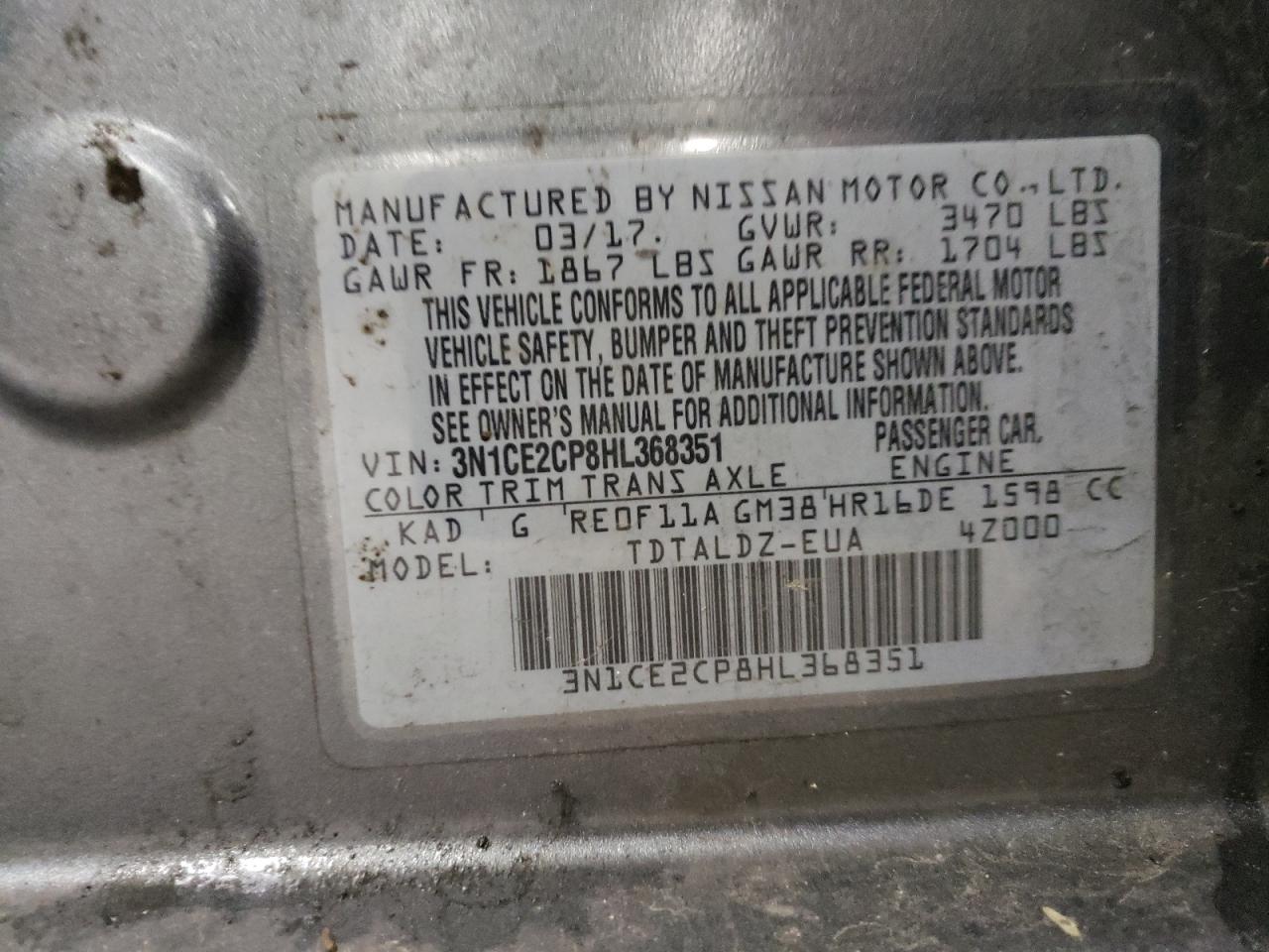 3N1CE2CP8HL368351 NISSAN VERSA 2017