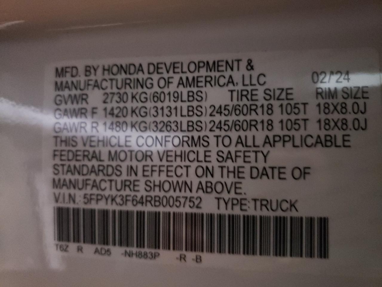 5FPYK3F64RB005752 HONDA RIDGELINE 2024