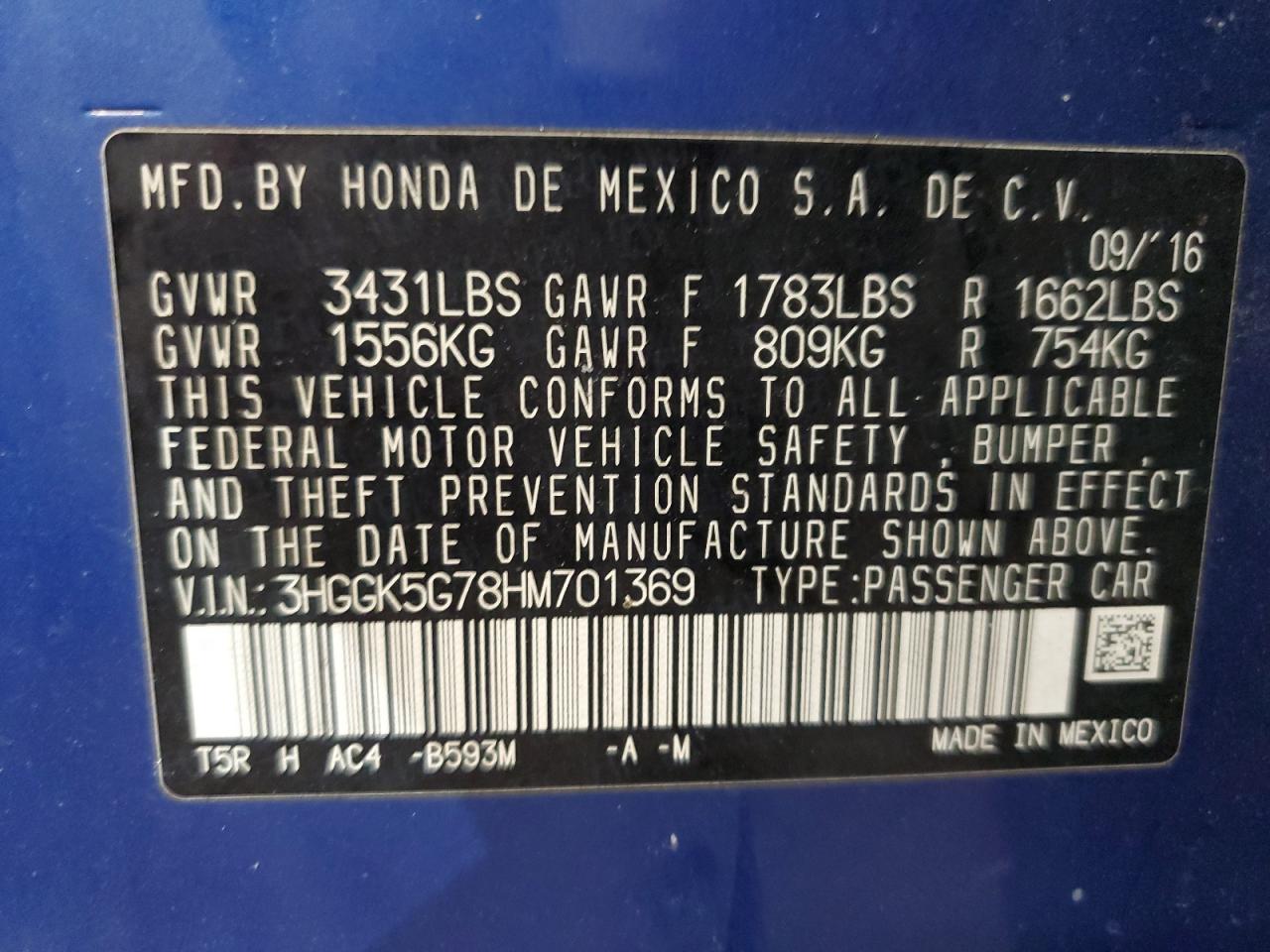 3HGGK5G78HM701369 HONDA FIT 2017