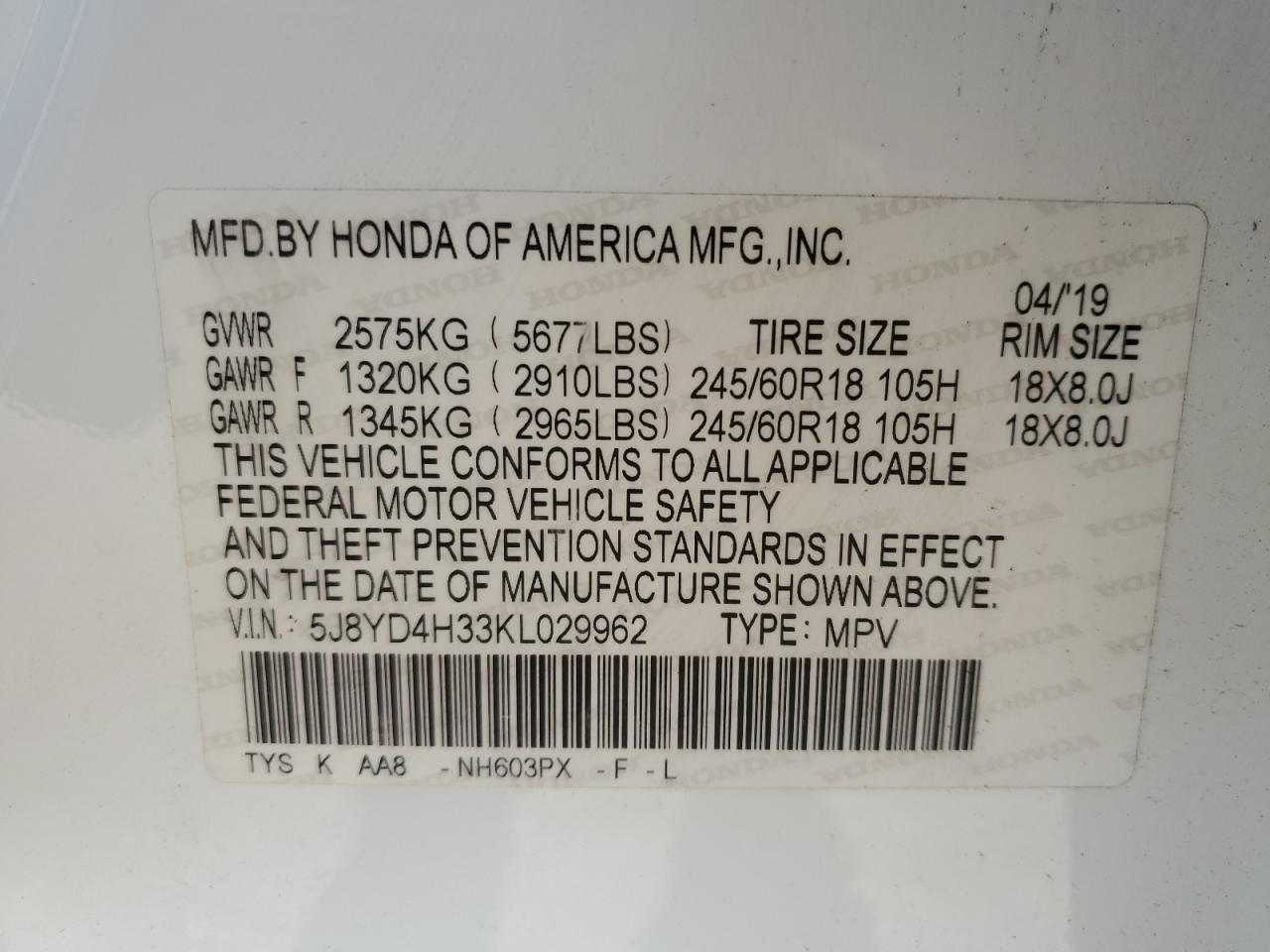 2019 Acura Mdx VIN: 5J8YD4H33KL029962 Lot: 45147085