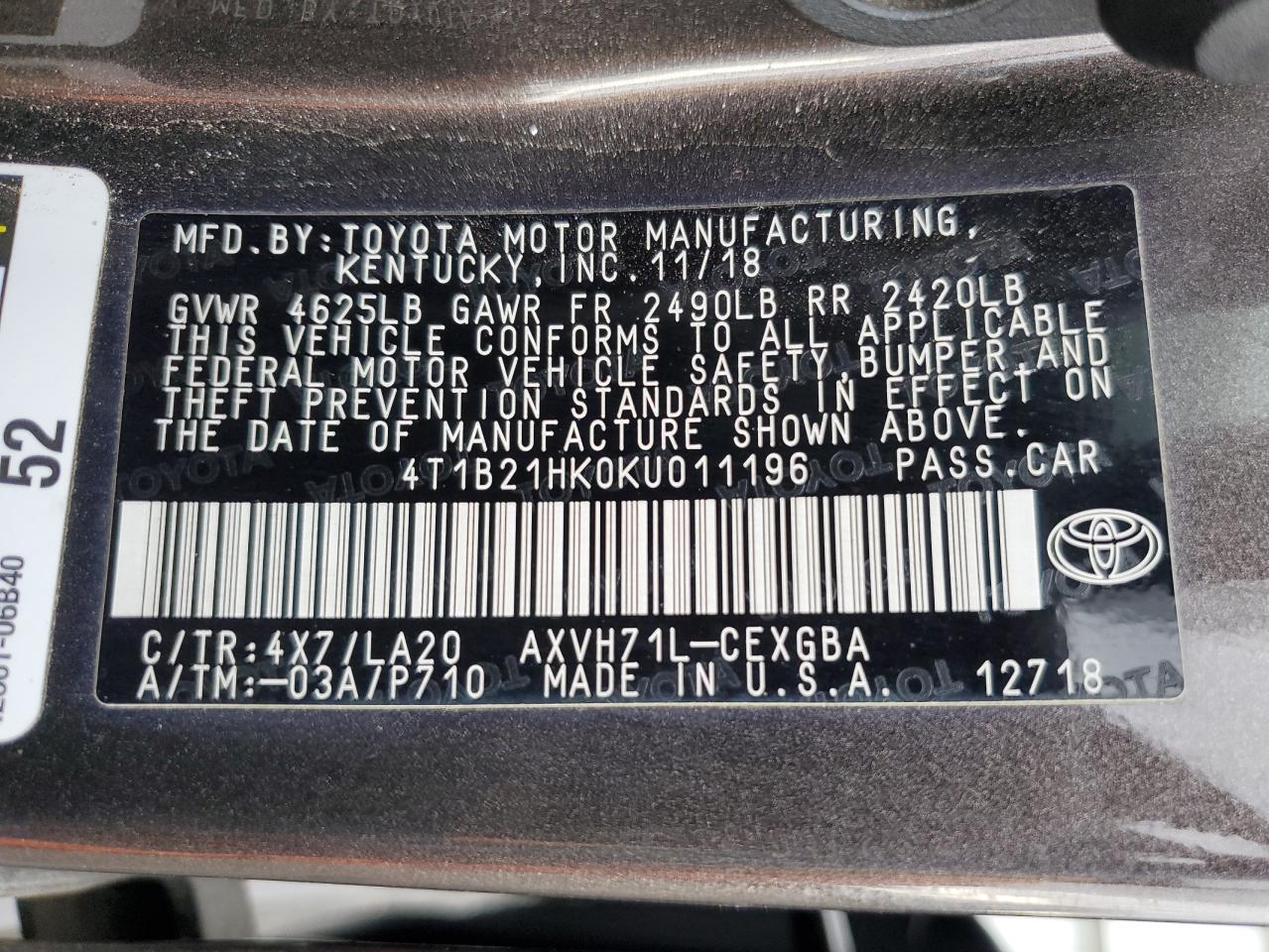 4T1B21HK0KU011196 TOYOTA CAMRY 2019