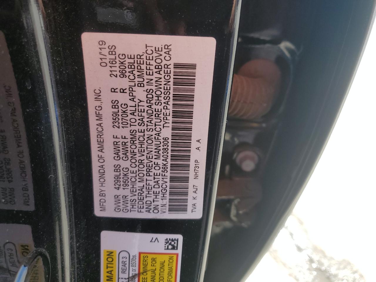 1HGCV1F56KA038306 HONDA ACCORD 2019