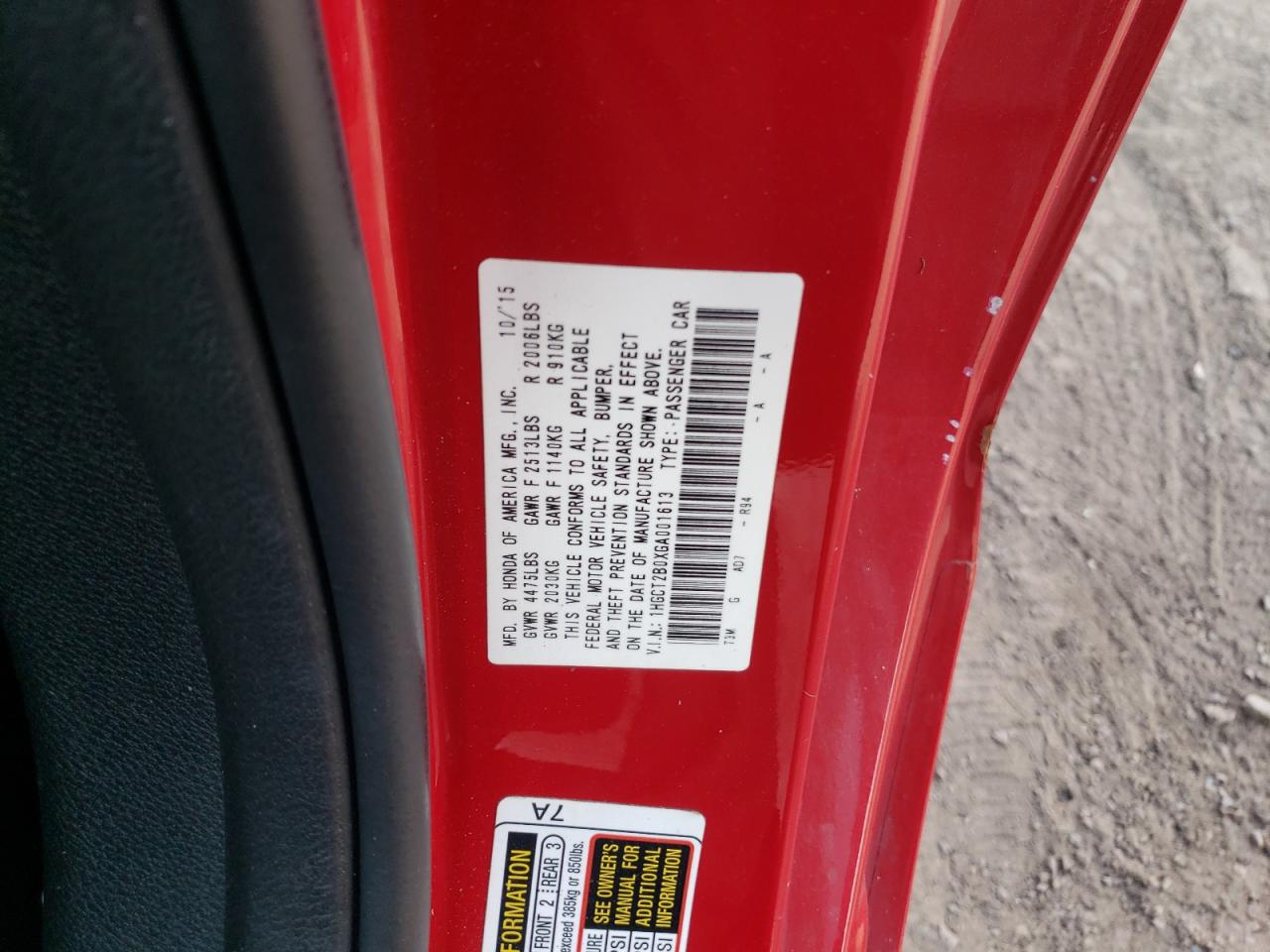 1HGCT2B0XGA001613 HONDA ACCORD 2016