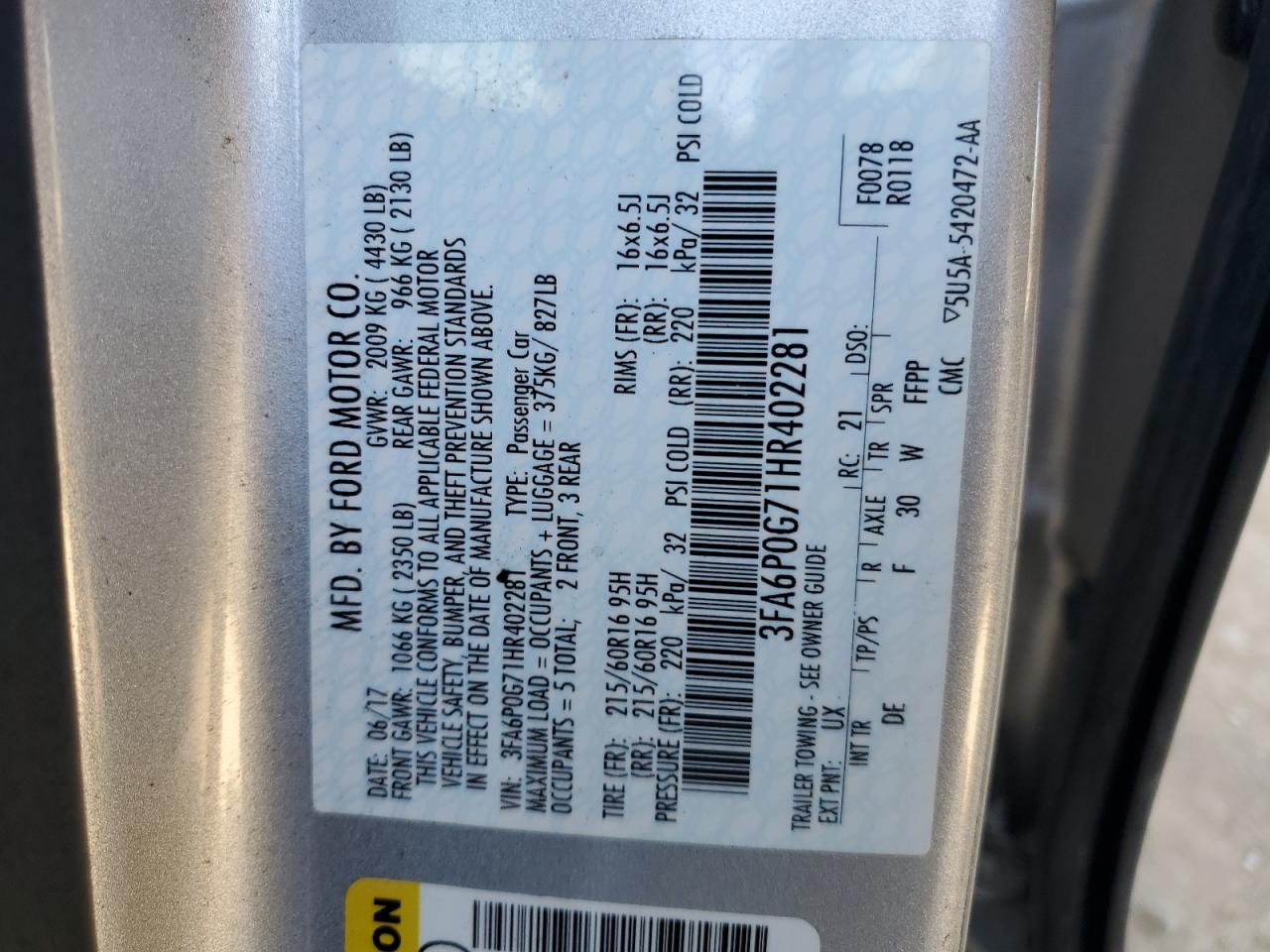 3FA6P0G71HR402281 FORD FUSION 2017