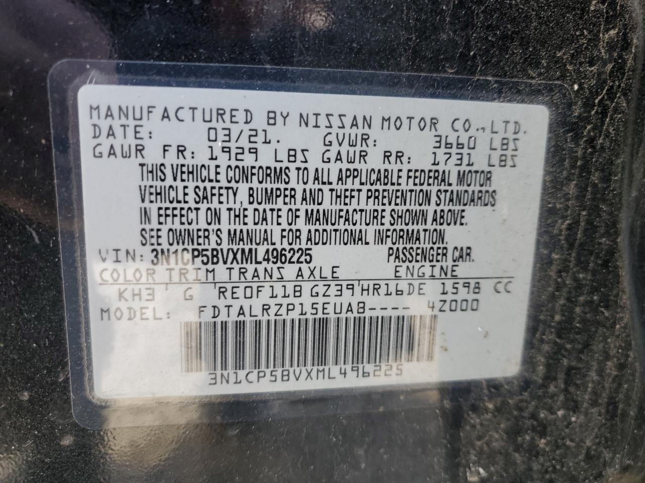 3N1CP5BVXML496225 NISSAN KICKS 2021