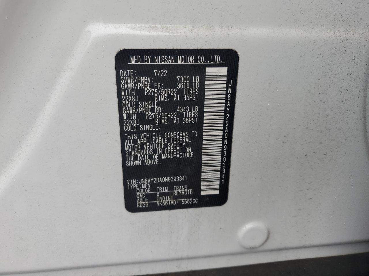 JN8AY2DA0N9393341 NISSAN ARMADA 2022