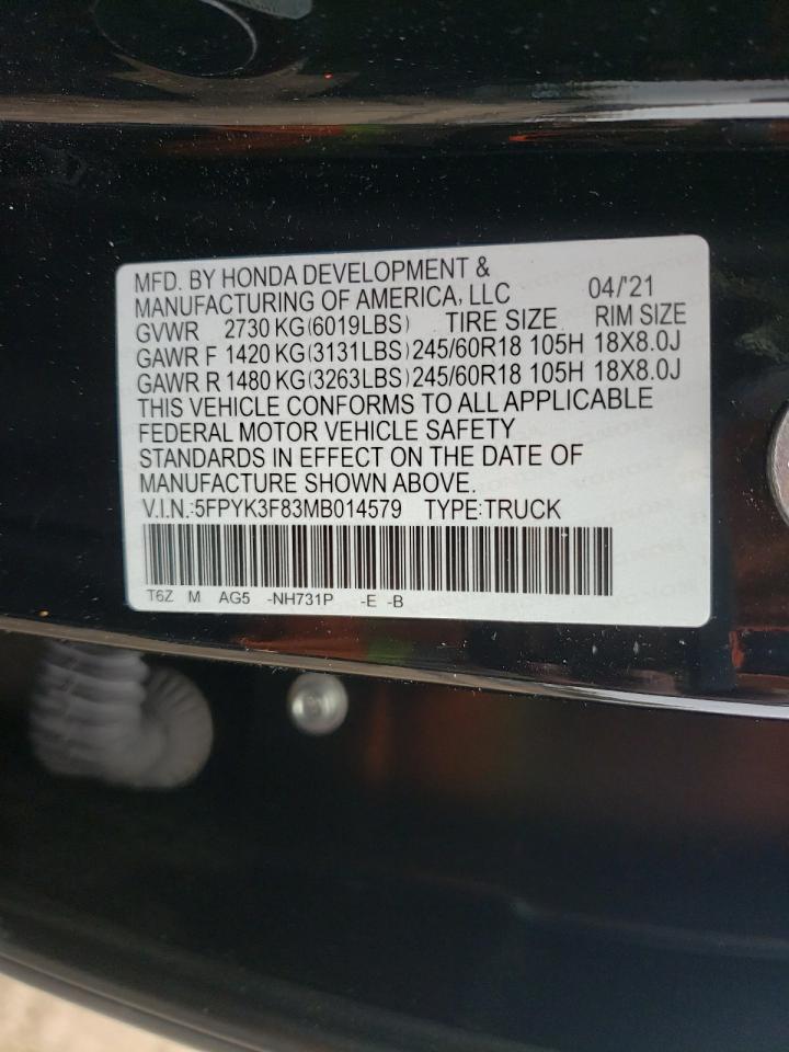 2021 Honda Ridgeline Black Edition VIN: 5FPYK3F83MB014579 Lot: 46446935