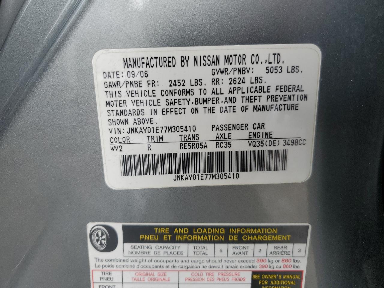 2007 Infiniti M35 Base VIN: JNKAY01E77M305410 Lot: 43996425
