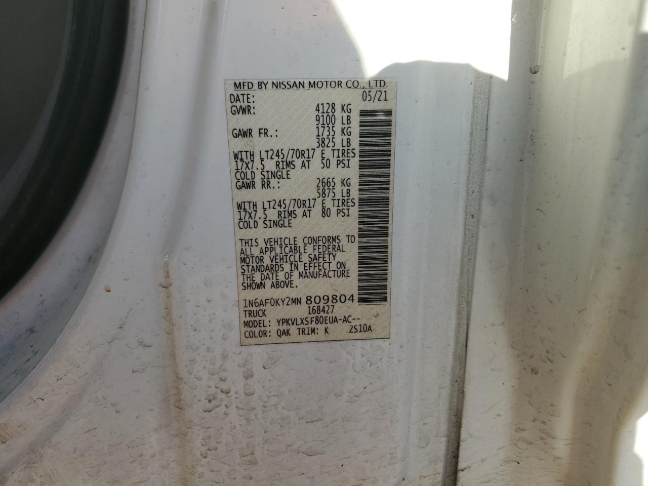 1N6AF0KY2MN809804 NISSAN NV 2021