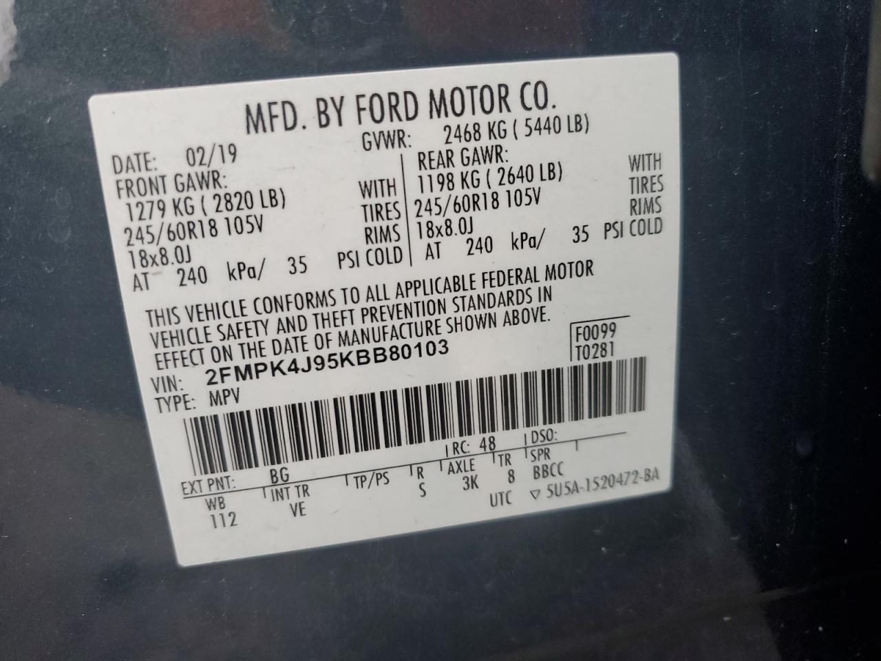 2FMPK4J95KBB80103 FORD EDGE 2019
