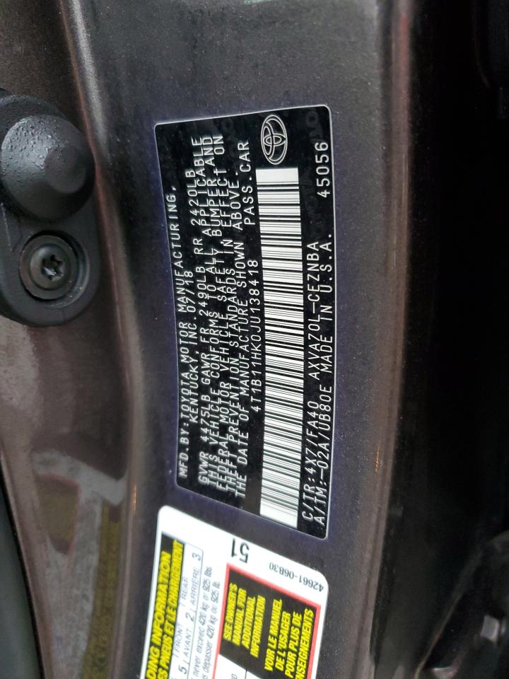 4T1B11HK0JU138418 TOYOTA CAMRY 2018