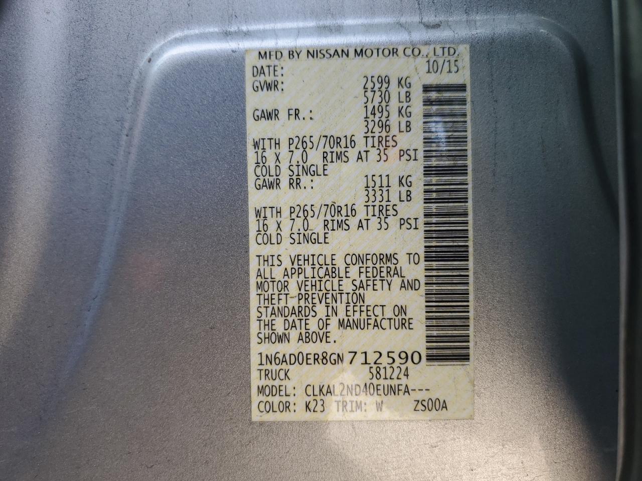 1N6AD0ER8GN712590 NISSAN FRONTIER 2016