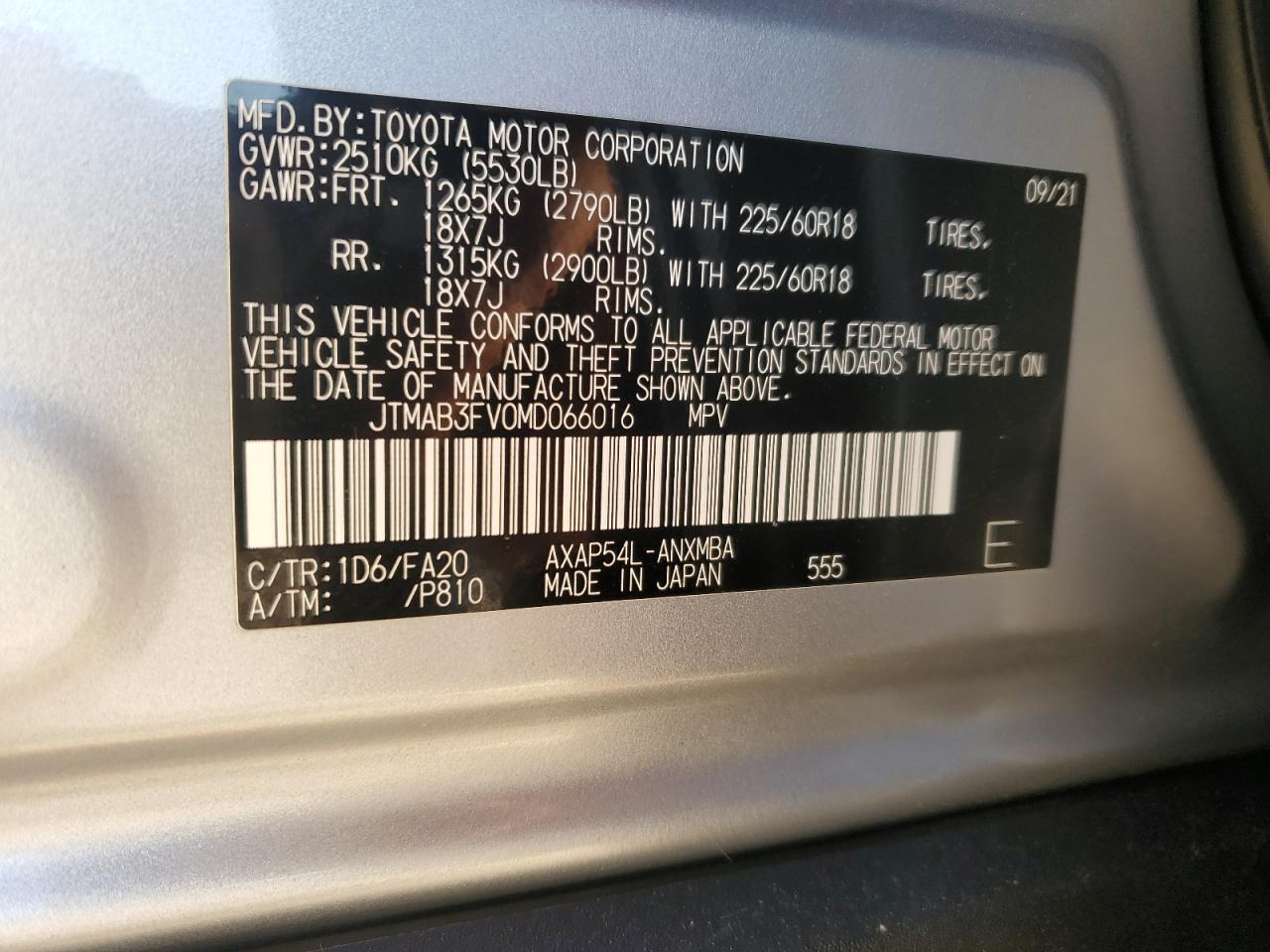 JTMAB3FV0MD066016 TOYOTA RAV4 2021