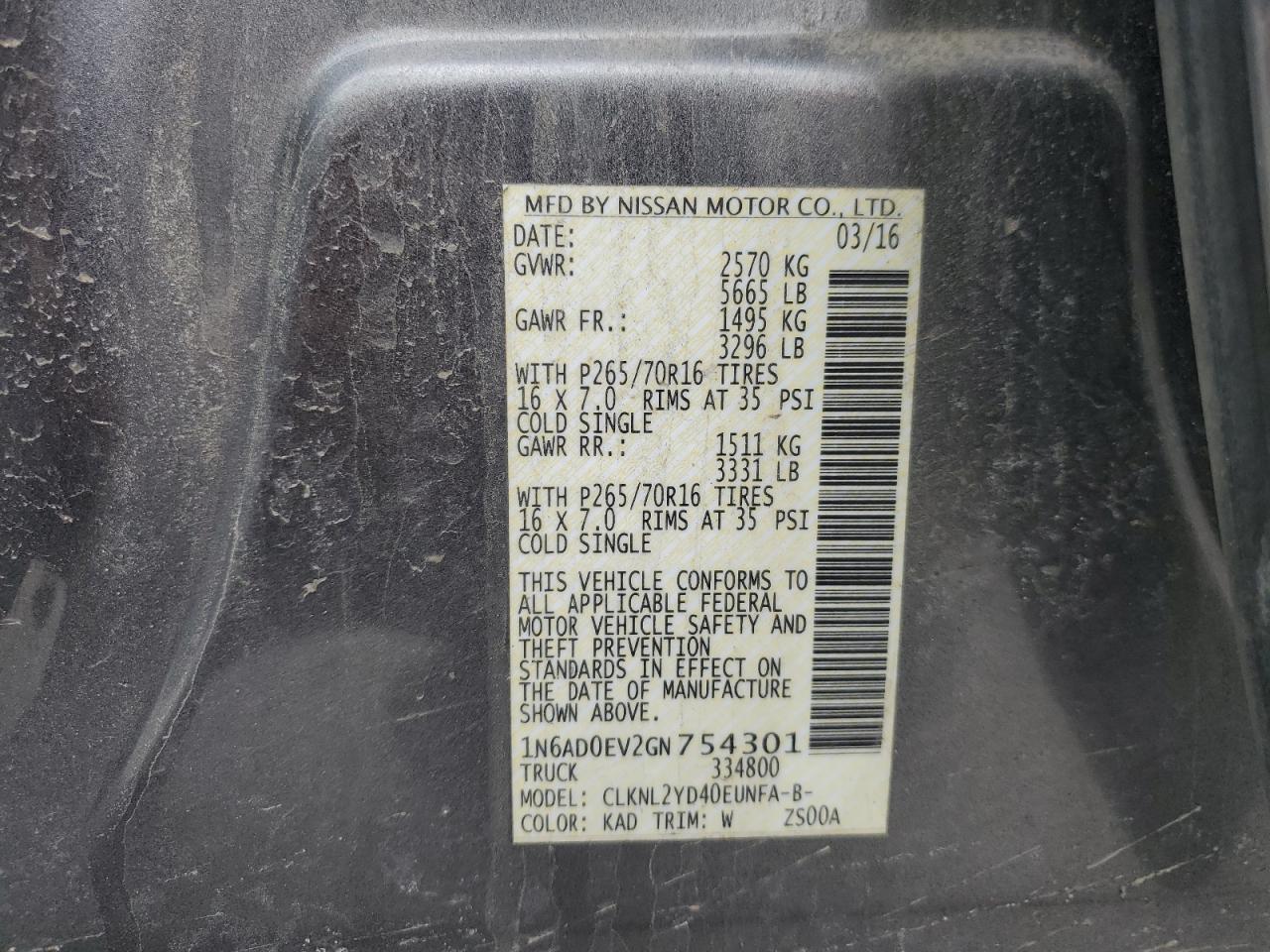 1N6AD0EV2GN754301 NISSAN FRONTIER 2016