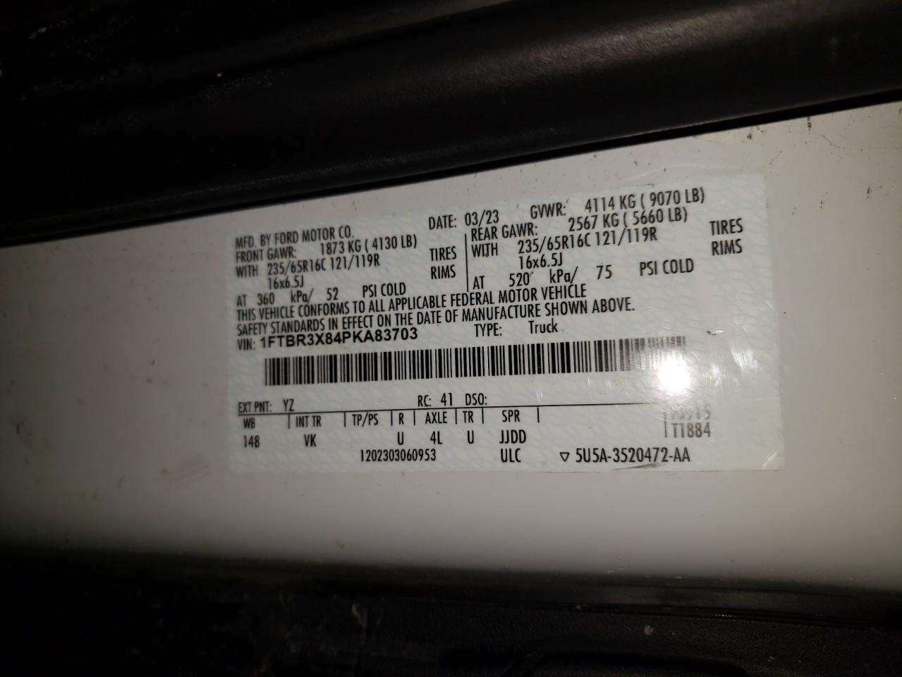 1FTBR3X84PKA83703 FORD TRANSIT 2023
