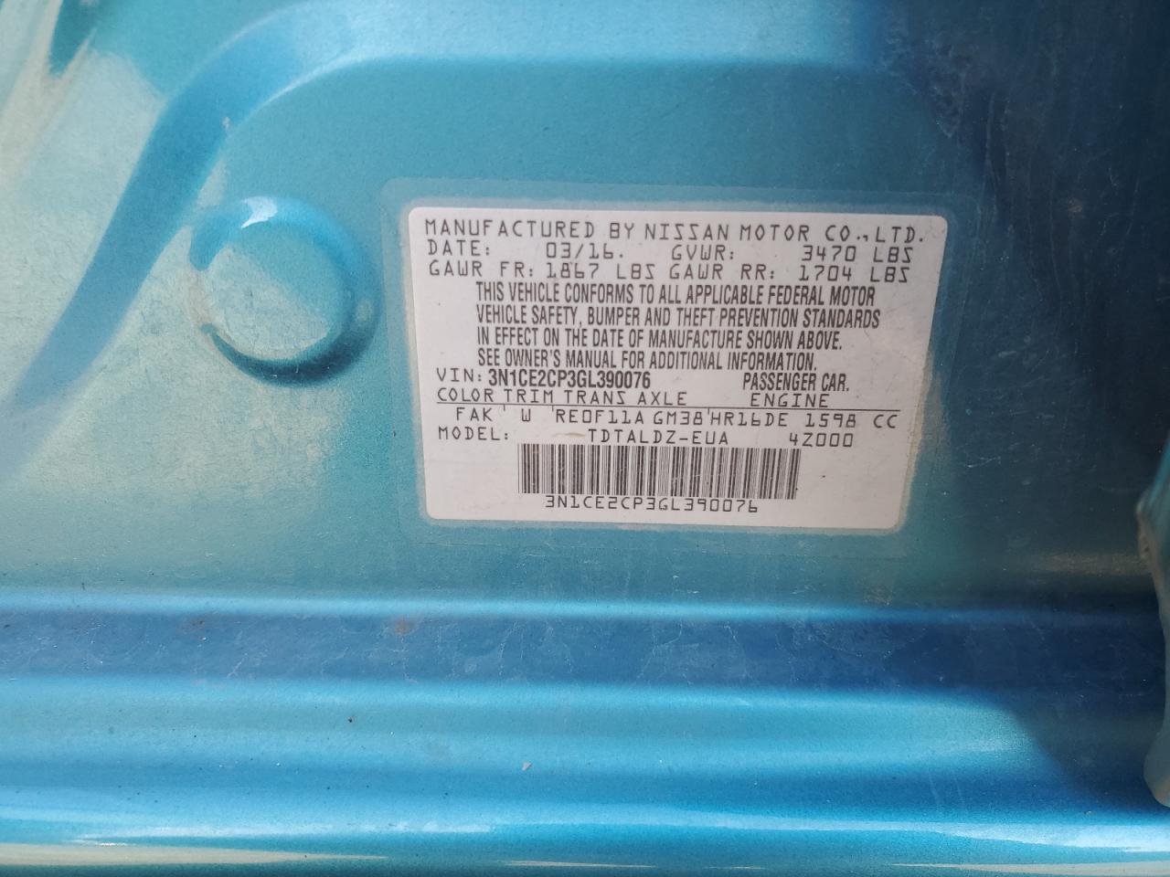 3N1CE2CP3GL390076 NISSAN VERSA 2016