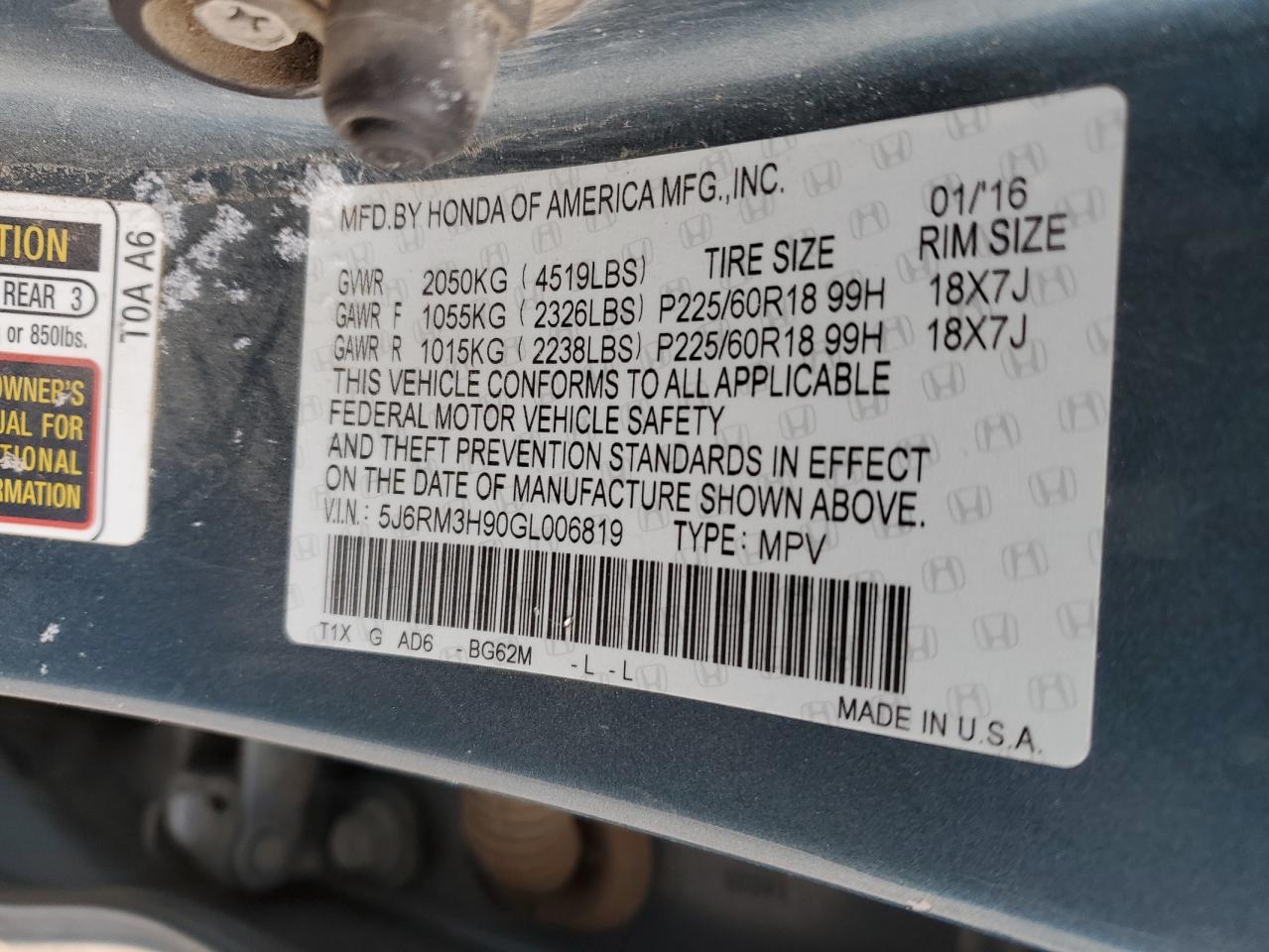 5J6RM3H90GL006819 HONDA CRV 2016