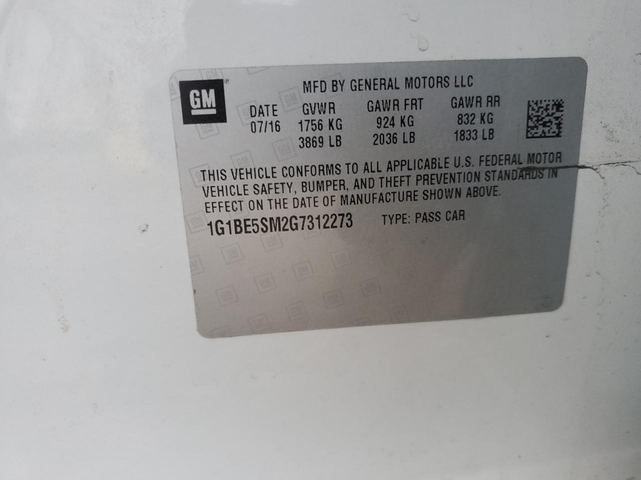 1G1BE5SM2G7312273 CHEVROLET CRUZE 2016