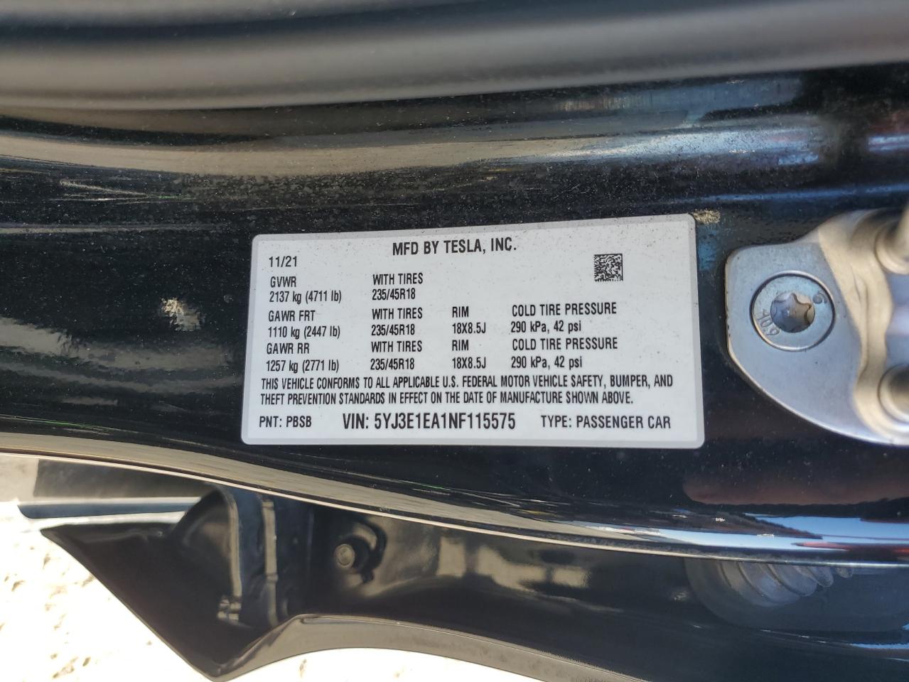 2022 Tesla Model 3 VIN: 5YJ3E1EA1NF115575 Lot: 46151035