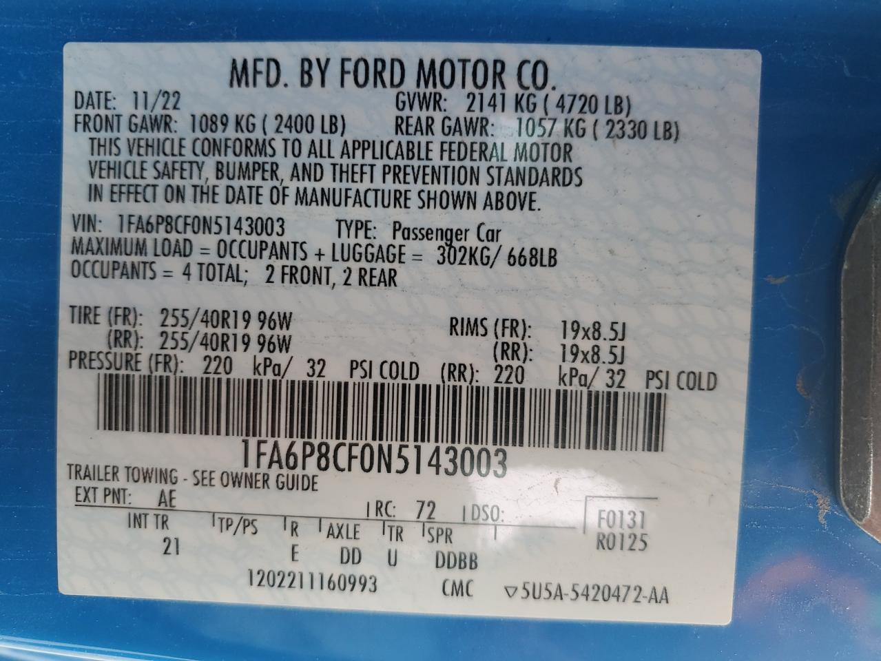 1FA6P8CF0N5143003 FORD MUSTANG 2022