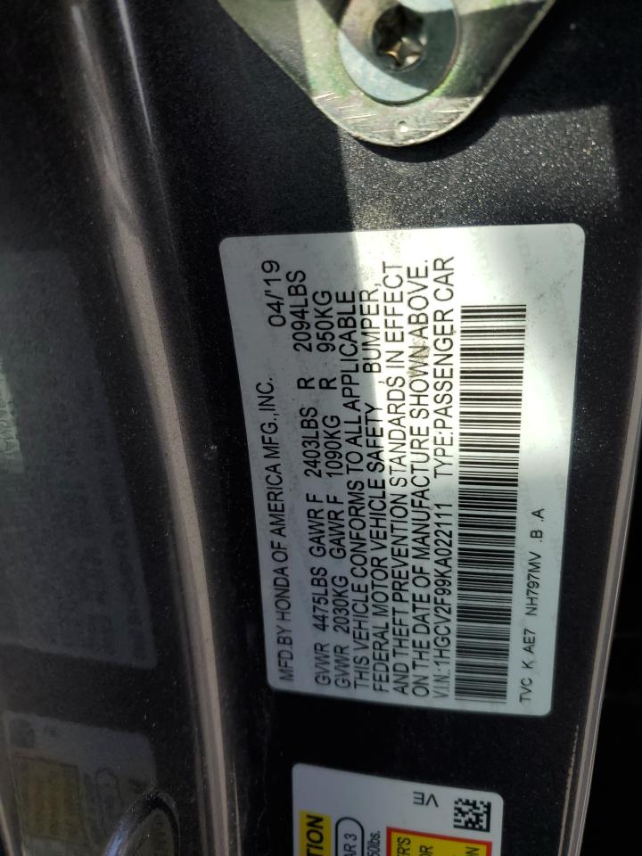 1HGCV2F99KA022111 HONDA ACCORD 2019