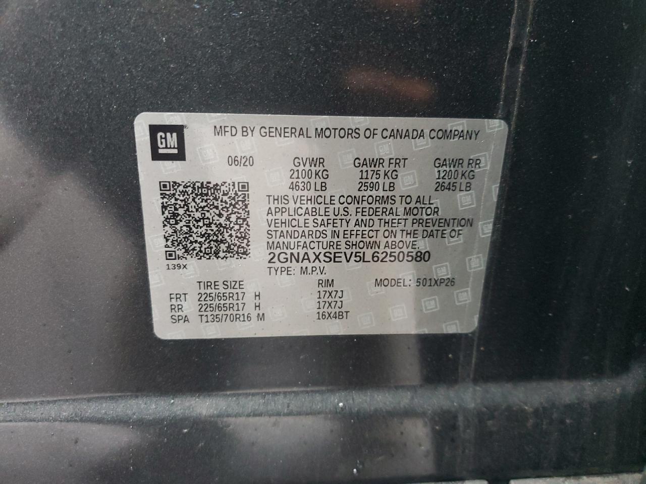 2GNAXSEV5L6250580 CHEVROLET EQUINOX 2020